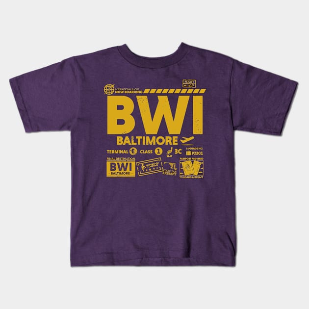 Vintage Baltimore BWI Airport Code Travel Day Retro Travel Tag Gold Kids T-Shirt by Now Boarding